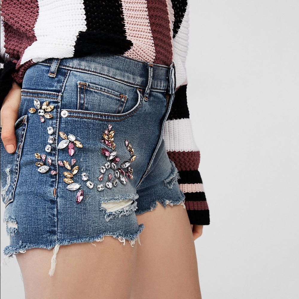 EXPRESS High Waisted Distressed Embellished Shorts